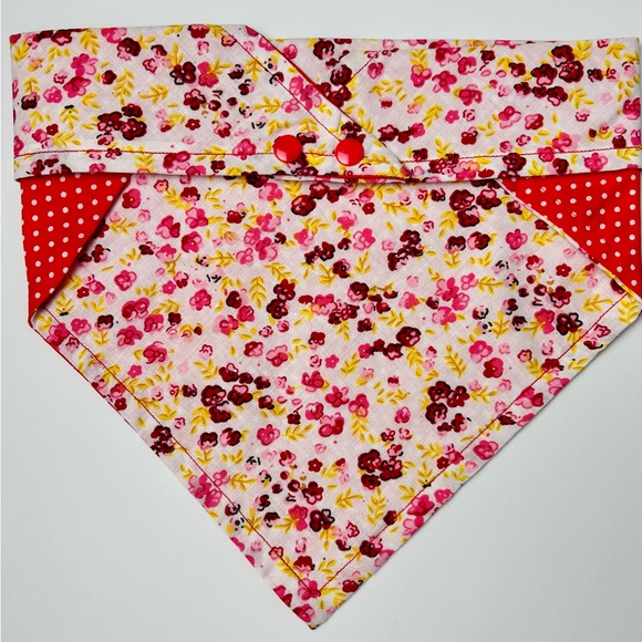 Dog Bandana Red/Yellow Floral & Red/White Polka Dot, Reversible, Snap Button - Picture 2 of 6